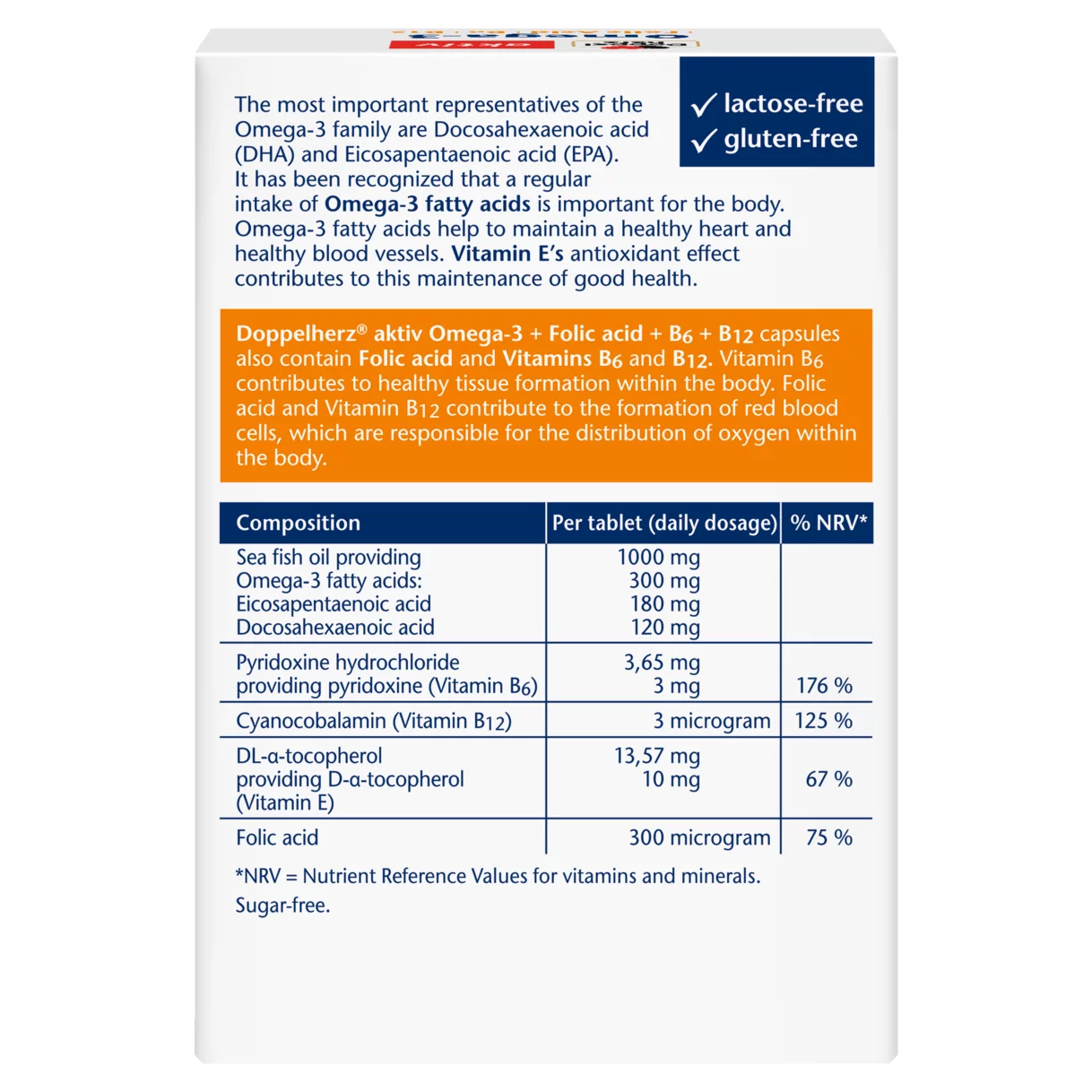 Illustration of the product packaging Doppelherz aktiv Omega-3 + Folic Acid + B6 + B12 rear view